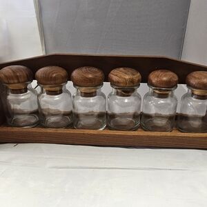 Wooden Teak Wood Spice Jar Set with Glass Containers ~ Apothecary Jars